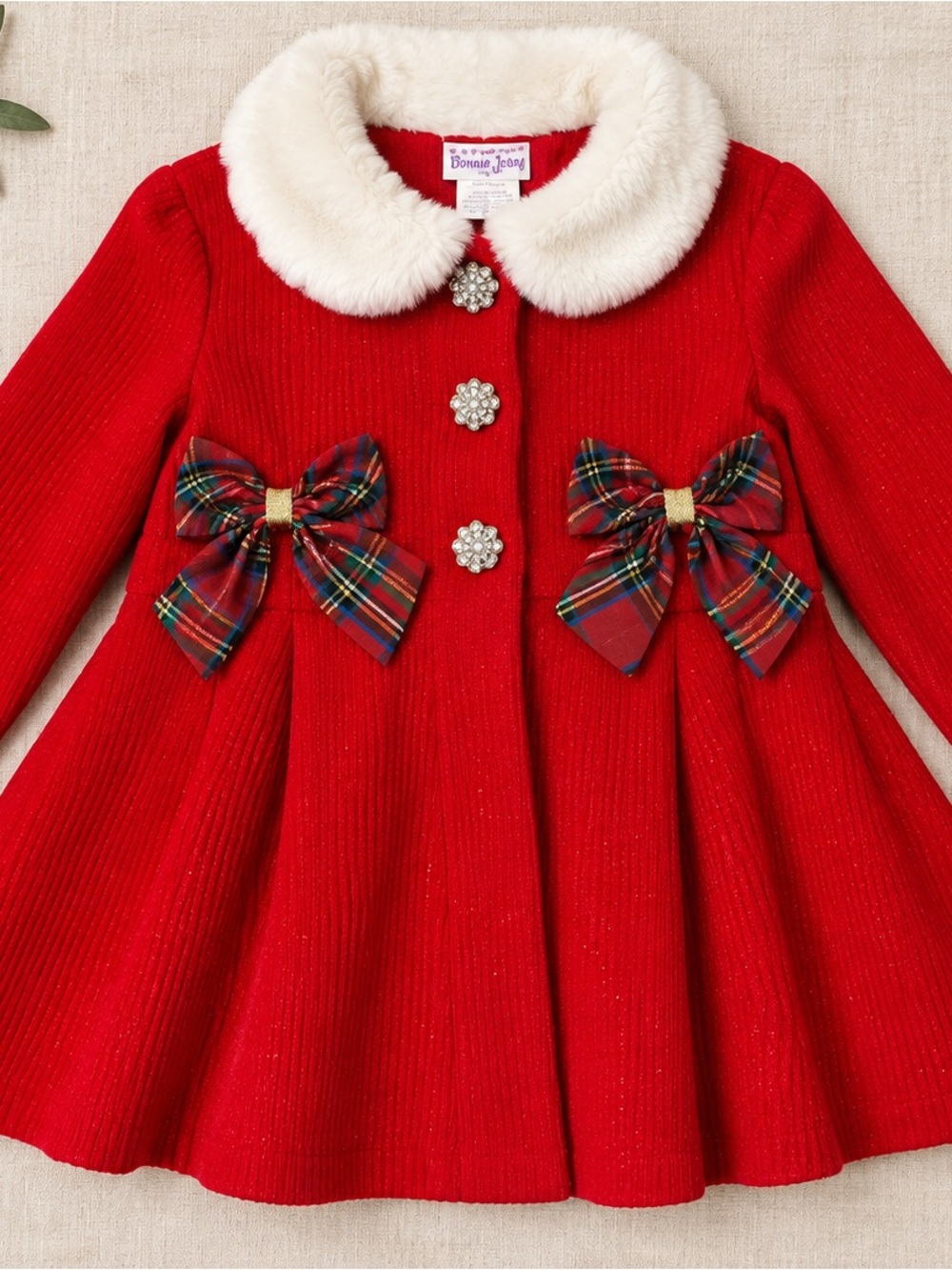 Blueberi Boulevard Red and White Kids Coat with Faux Fur Trim
